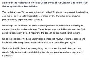 注册晚了!官方:因战曼联时违规派出球员,格林斯比被罚款2万镑 注册晚了!官方:因战曼联时违规派出球员,格林斯比被罚款2万镑